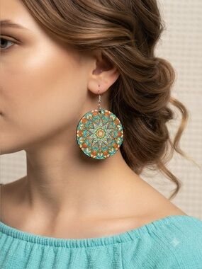 Bohemian Mandala Disc Dangle Earrings – Colorful Lightweight Wood